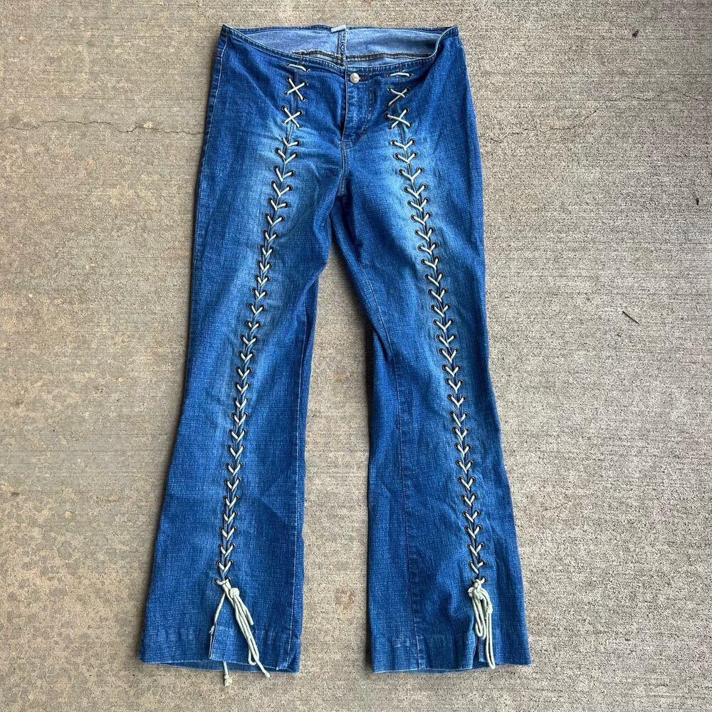 Vintage Y2K Mudd Low Rise No Waistband Lace Up Front Flare Jeans Size 13